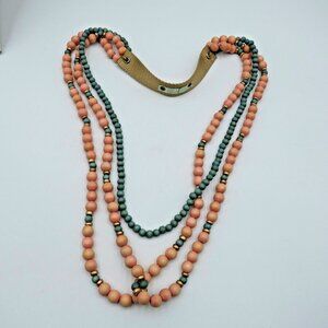 Hearne Dry Goods Co Necklace 42" Multi Strand Pink Green Gold Wood Beads Boho
